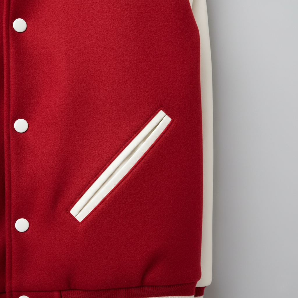 Red varsity jacket with white buttons and trim on a gray background