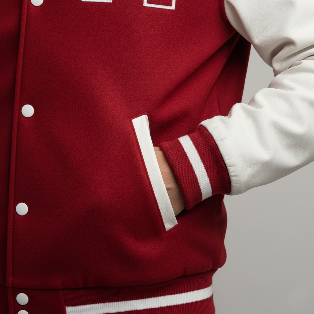 Red varsity jacket with white accents on a plain background