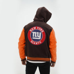 Back view of NY Giants varsity hoodie showing attached hood and championship customization options with brown wool gold leather design