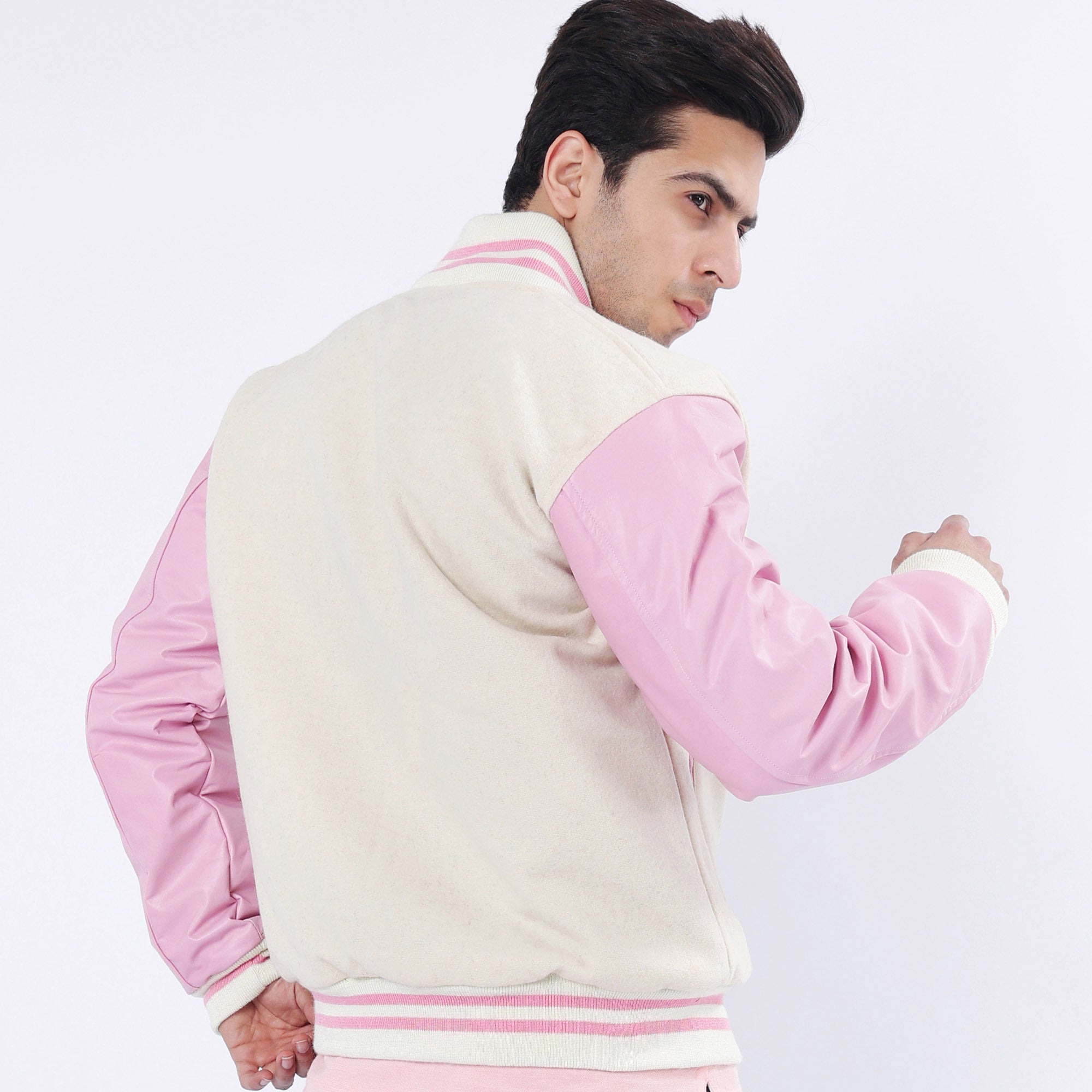 Off White And Pink Letterman Jacket  Leather Arms And Wool Body Varsity Jacket