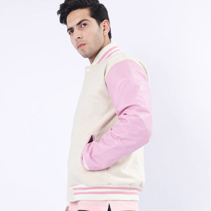 Off White And Pink Letterman Jacket  Leather Arms And Wool Body Varsity Jacket