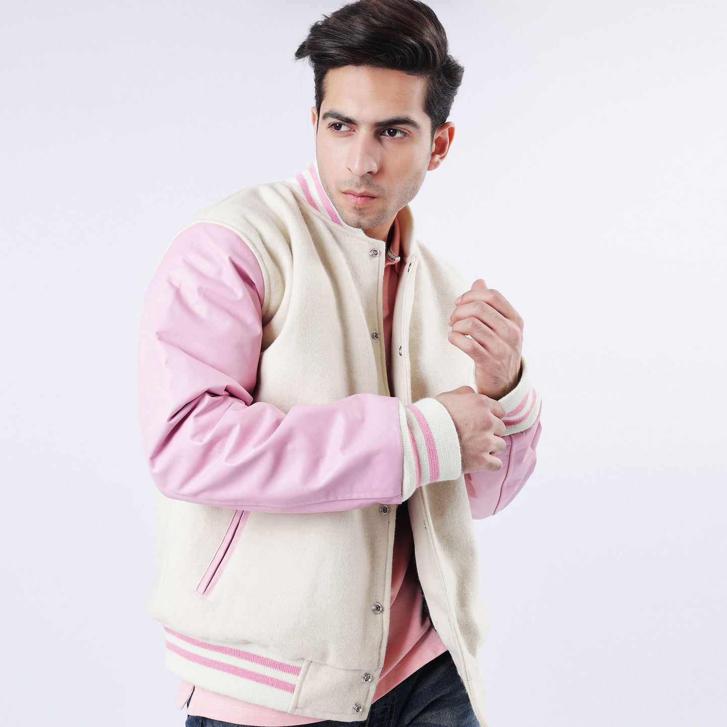 Off White And Pink Letterman Jacket  Leather Arms And Wool Body Varsity Jacket