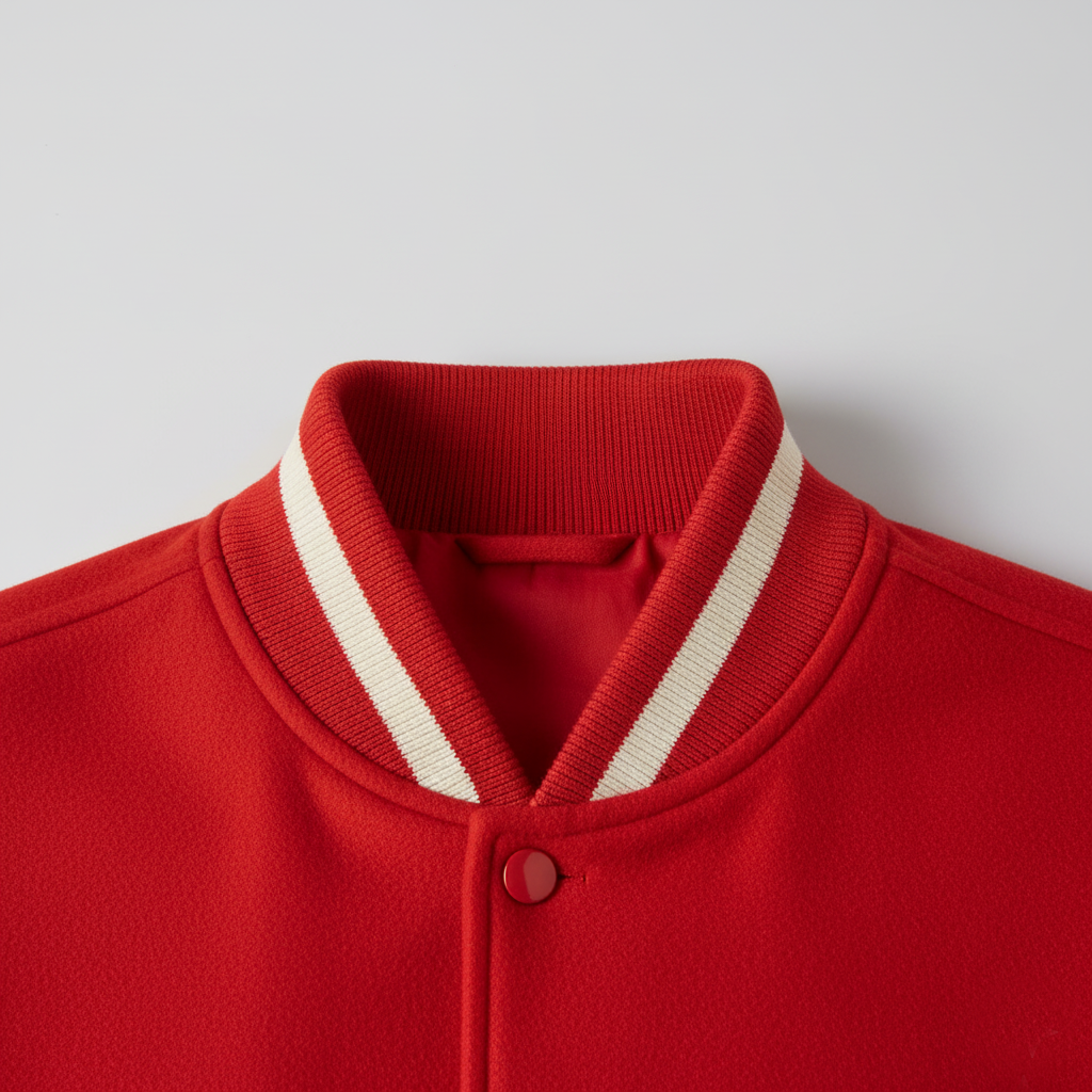 Red jacket with a white stripe on the collar against a light gray background