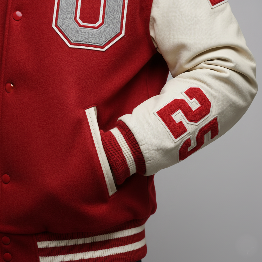 Red and white varsity jacket with a large 'O' on the chest and number '23' on the sleeve, against a gray background.