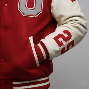 Red and white varsity jacket with a large 'O' on the chest and number '23' on the sleeve, against a gray background.