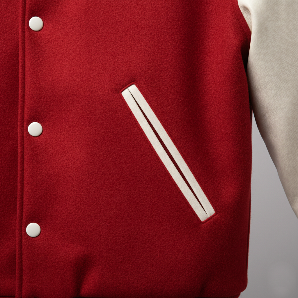 Red varsity jacket with white buttons and a stripe on a gray background
