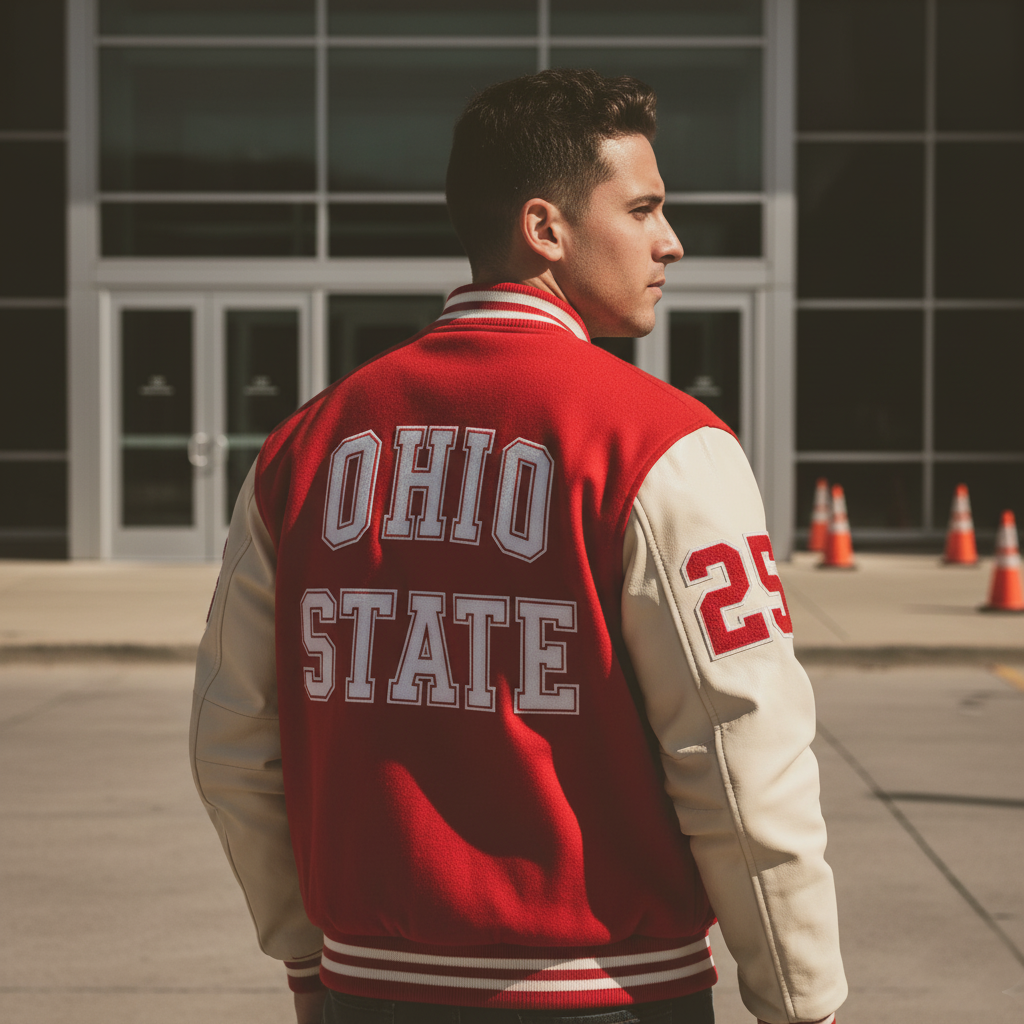 Person wearing a red and beige Ohio State letterman jacket with the number 25, standing outdoors.