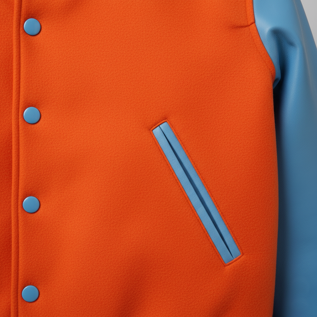 Close-up of an orange jacket with blue buttons and trim