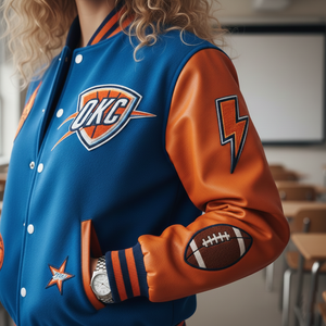 Blue and orange letterman jacket with OKC logo and football design in a classroom setting