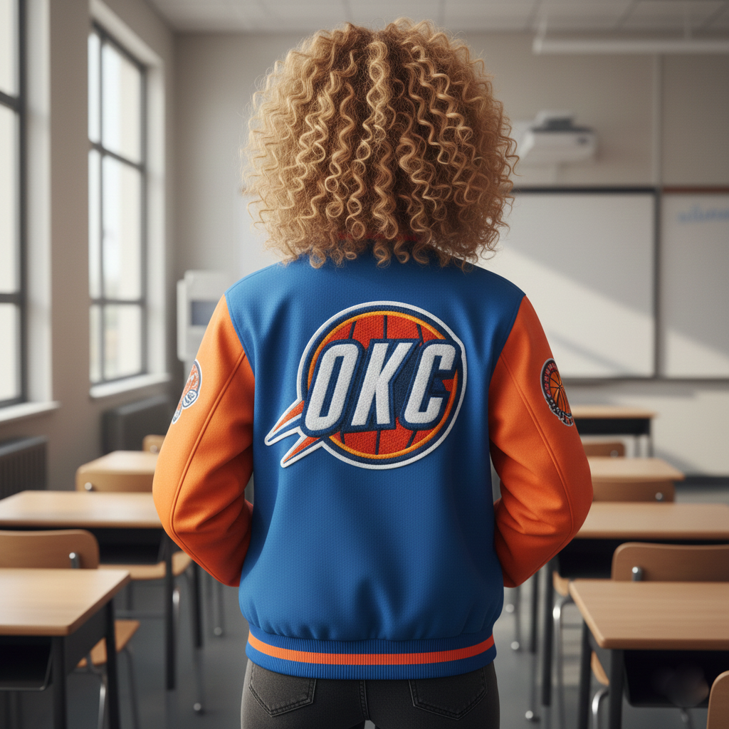 Person wearing a blue and orange letterman jacket with 'OKC' logo in a classroom setting