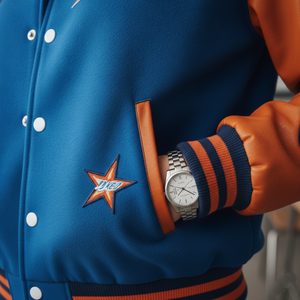 Blue and orange varsity jacket with a star patch and watch on a blurred background