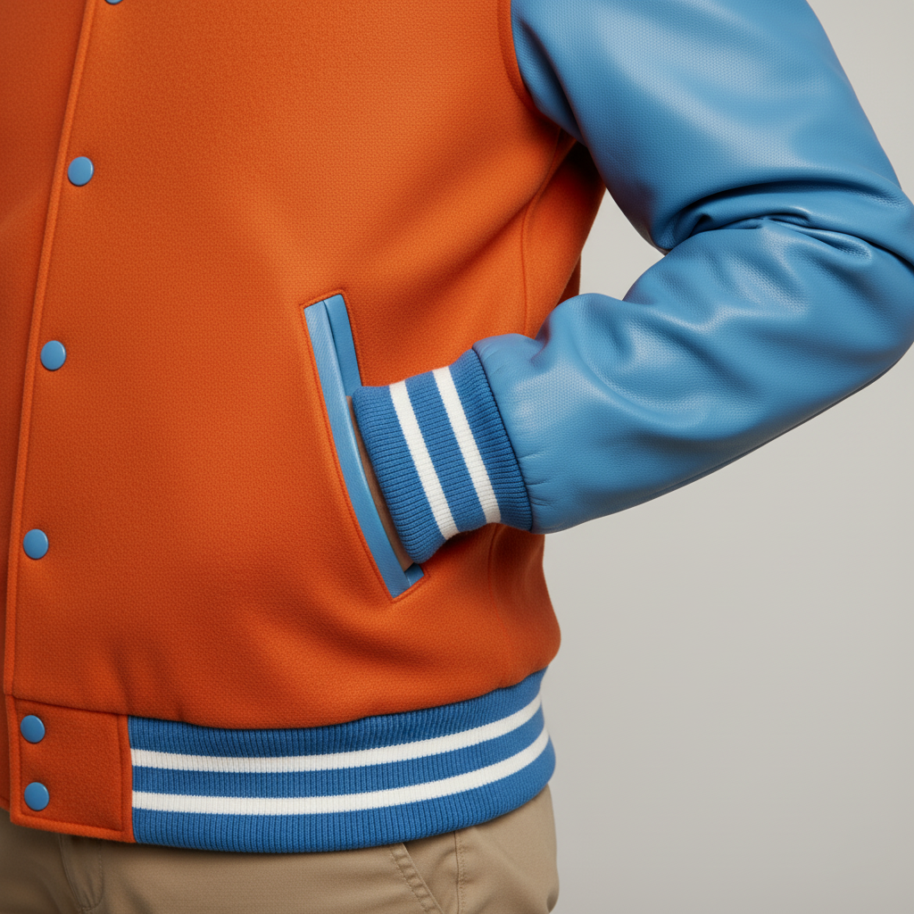 Orange and blue varsity jacket with a blue sleeve and cuff on a neutral background 
