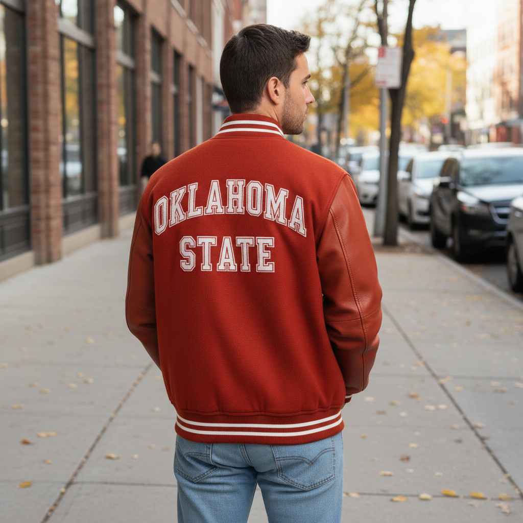Man wearing a red 'Oklahoma State' jacket on a city street.