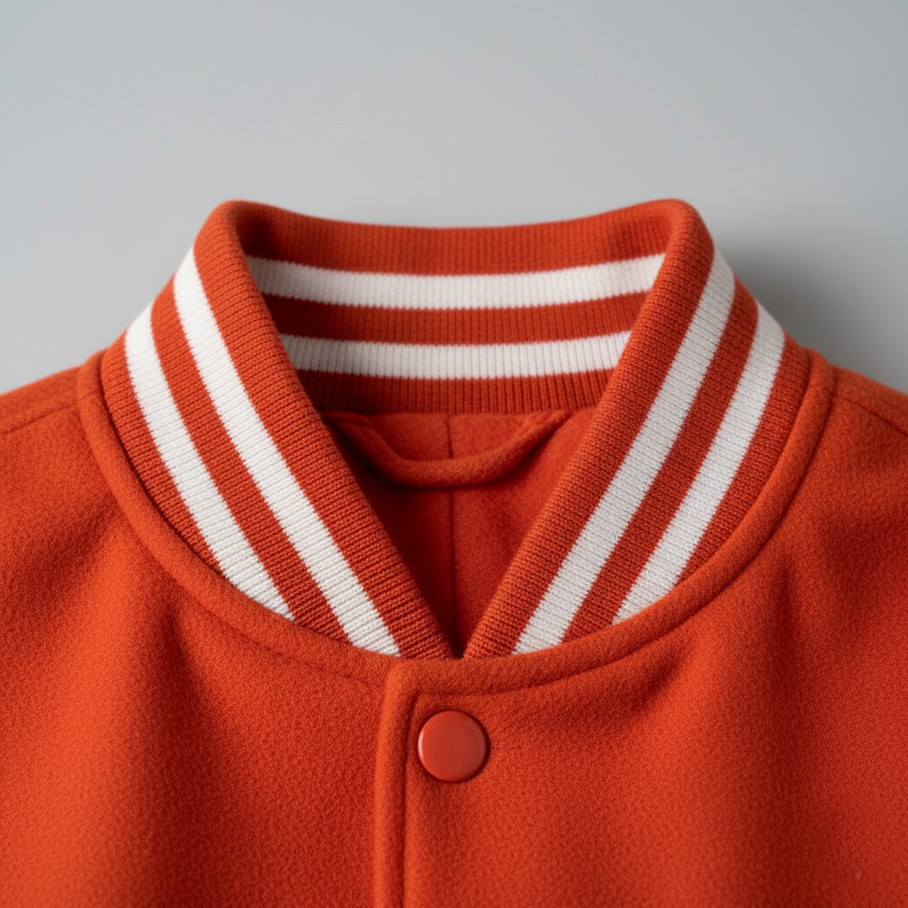Close-up of an orange sweater with a white striped collar on a gray background 