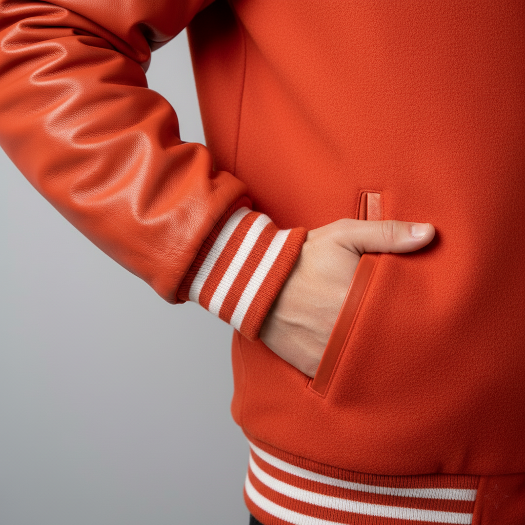 Close-up of a person wearing an orange jacket with white stripes on a gray background