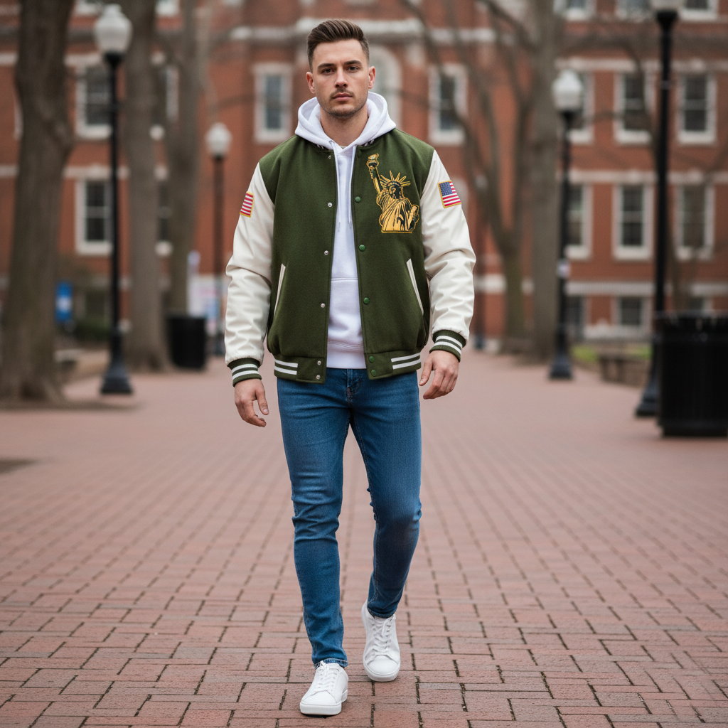 Man wearing a green and white varsity jacket on a brick pathway with a building in the background