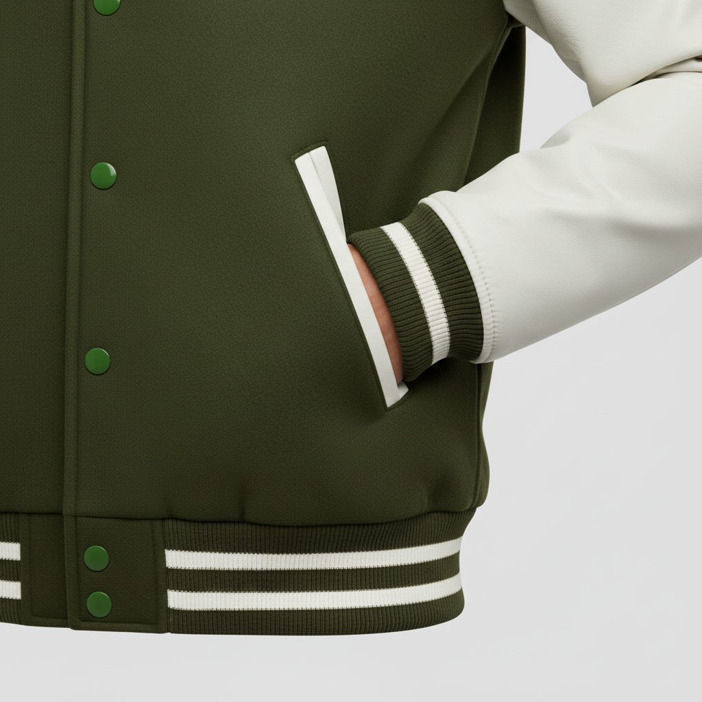 Green varsity jacket with white stripes and buttons on a light gray background