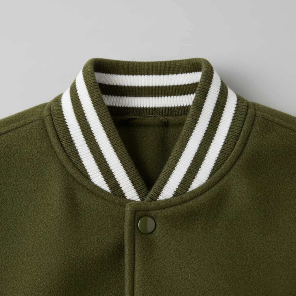 Close-up of a green jacket with a white striped collar on a gray background