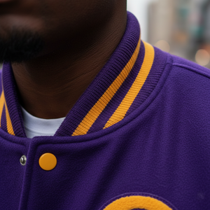 Omega Psi Phi varsity jacket collar view purple gold Greek letters fraternity letterman design
