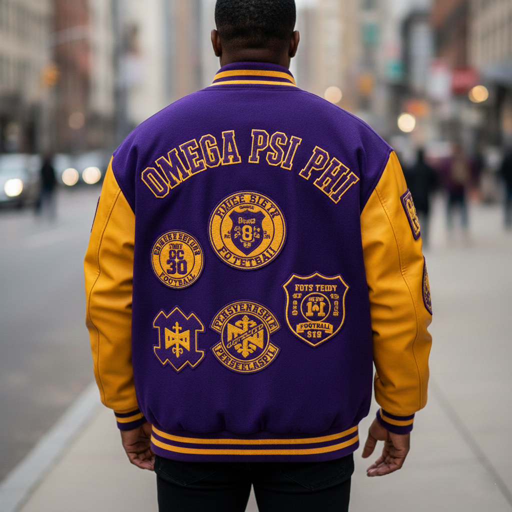 Person wearing a purple and yellow Omega Psi Phi letterman jacket on a city street.