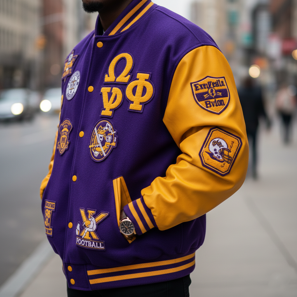 Purple and yellow varsity jacket with various patches on a blurred city street background