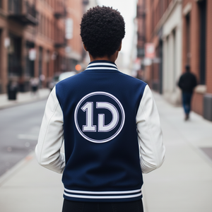 Person wearing a navy blue and white letterman jacket with a '1D' logo on a city street.