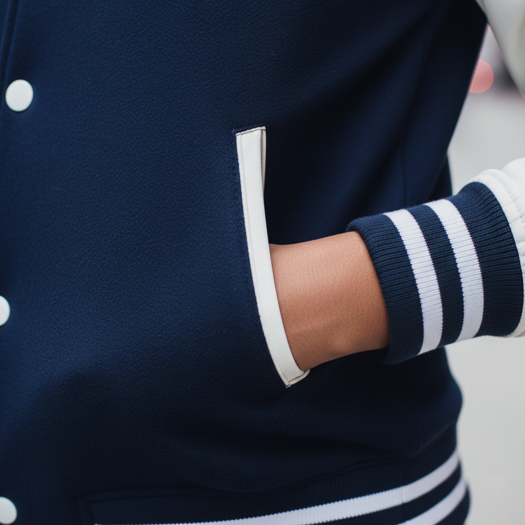 Navy blue varsity jacket with white buttons and striped sleeves on a neutral background