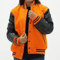 Women's Orange Wool Body And Black Leather Sleeves Varsity Jacket