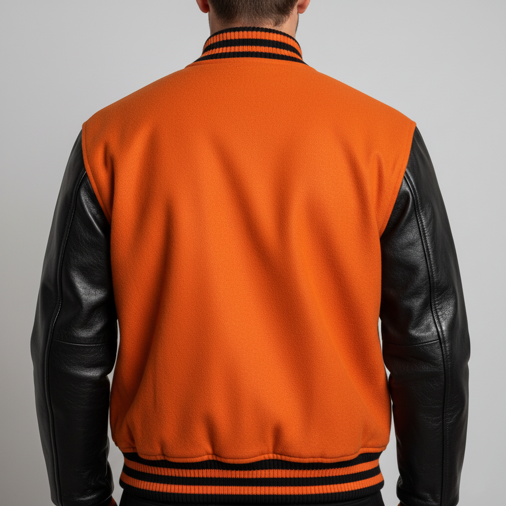 Orange varsity jacket with black leather sleeves on a gray background