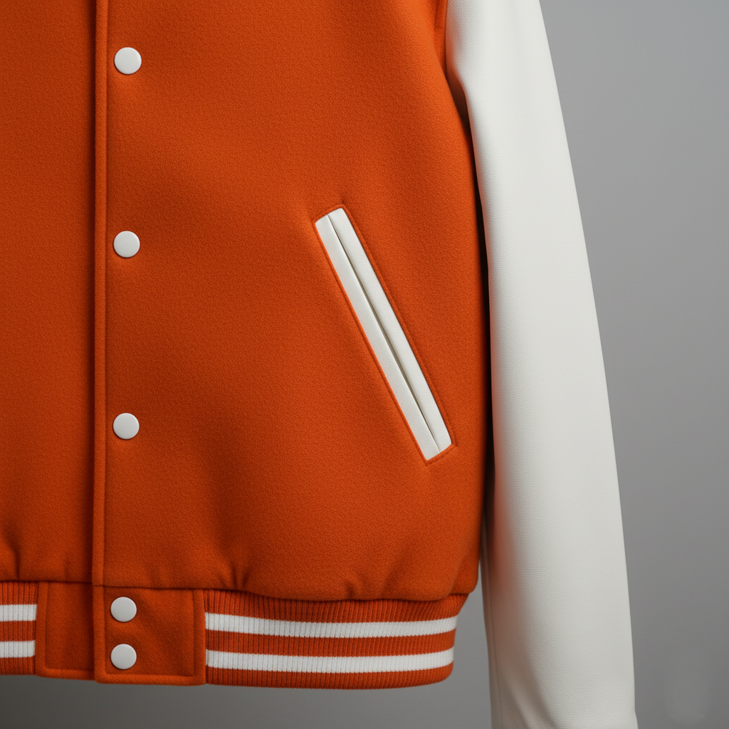 Orange varsity jacket with white accents on a gray background