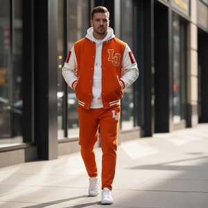 Man wearing an orange and white varsity jacket and pants walking on a city street.