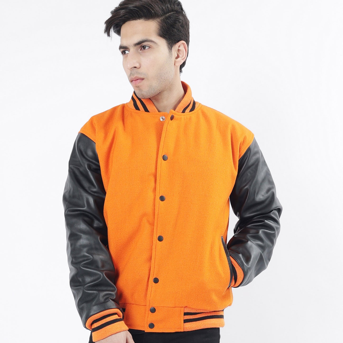 Men's Orange Wool Body And Black Leather Sleeves Varsity Jacket