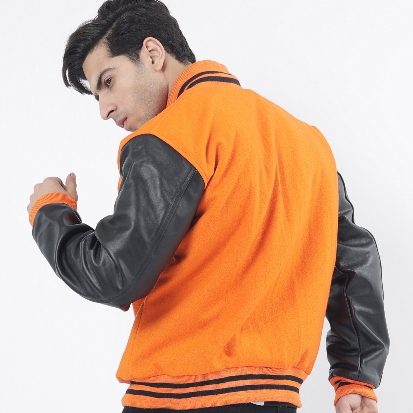 Men's Orange Wool Body And Black Leather Sleeves Varsity Jacket