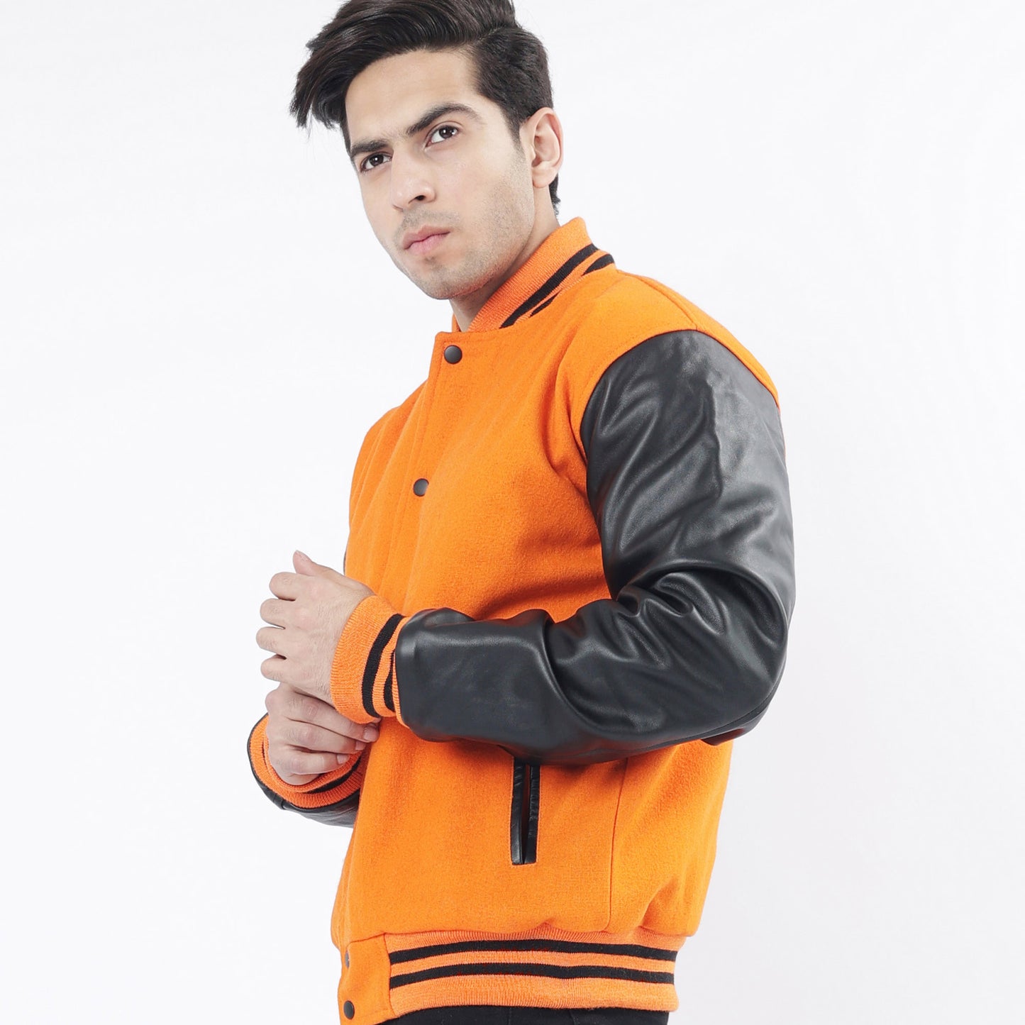 Men's Orange Wool Body And Black Leather Sleeves Varsity Jacket