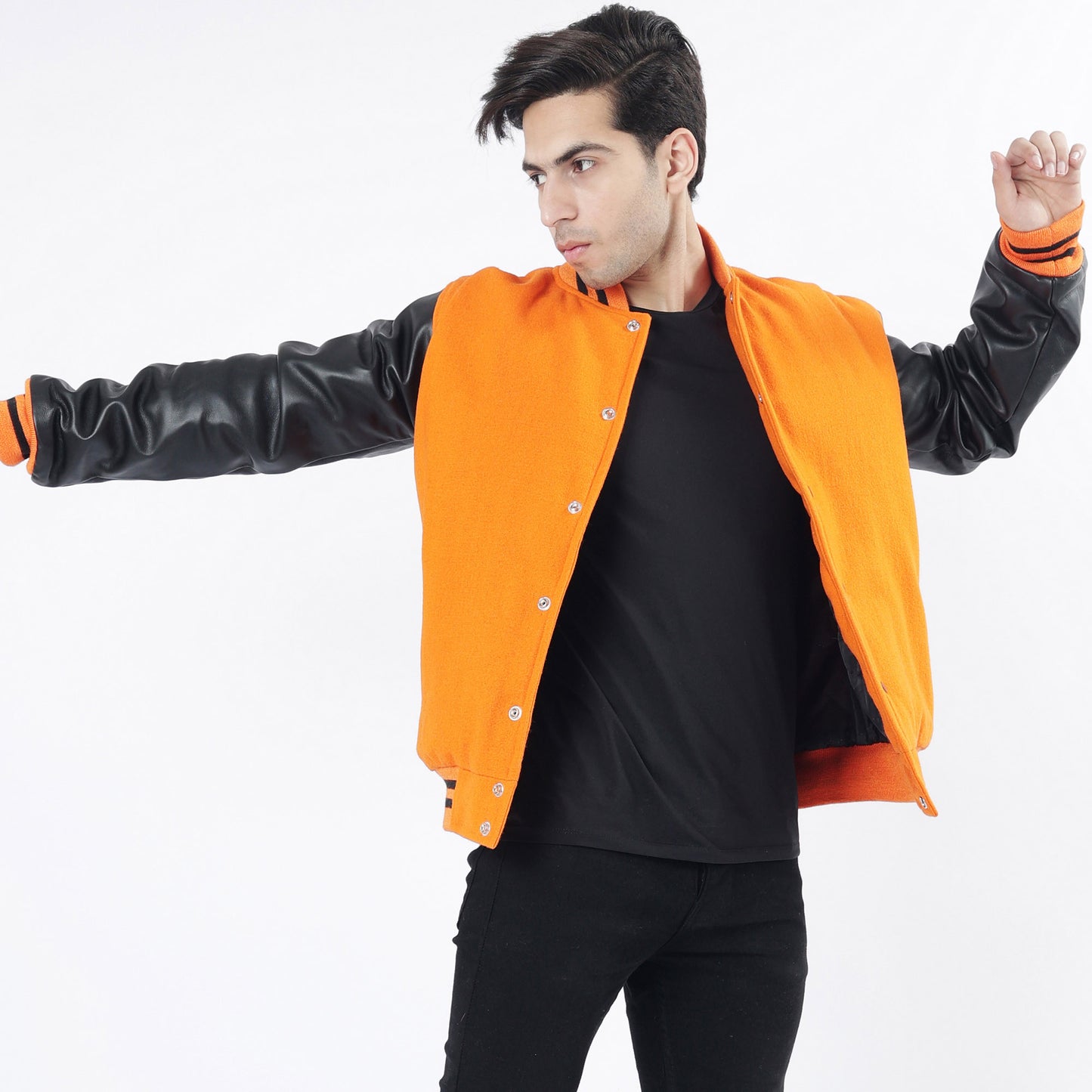 Men's Orange Wool Body And Black Leather Sleeves Varsity Jacket