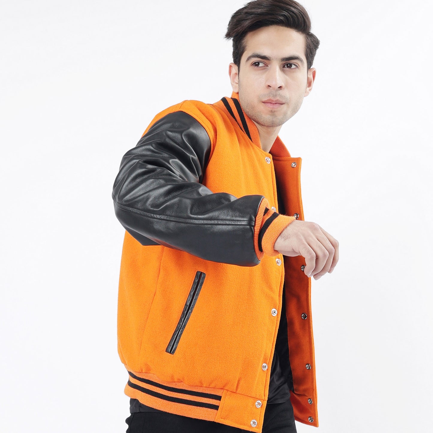 Men's Orange Wool Body And Black Leather Sleeves Varsity Jacket