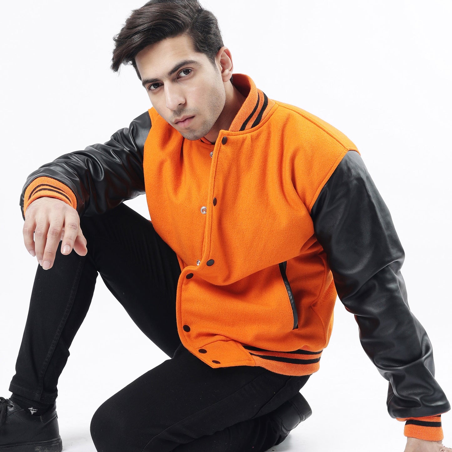 Men's Orange Wool Body And Black Leather Sleeves Varsity Jacket