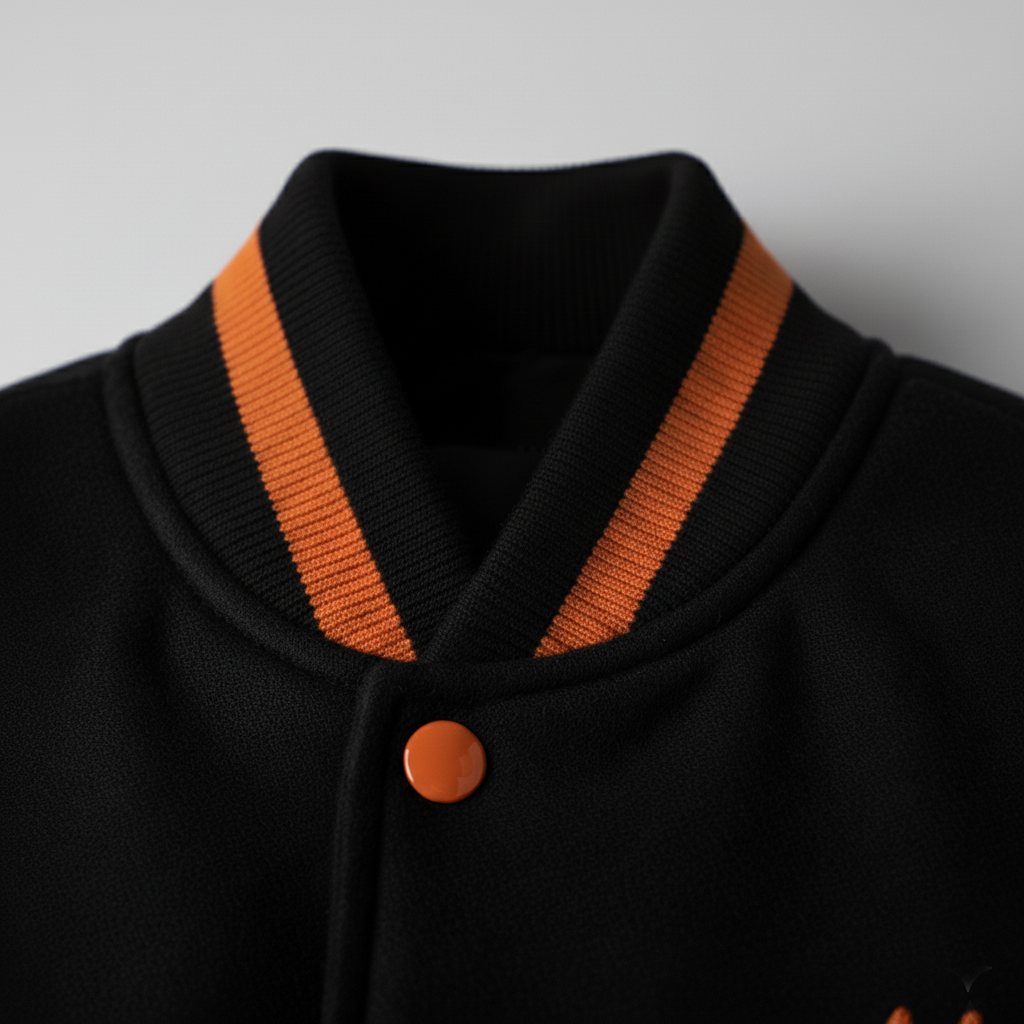 Black jacket with orange striped collar and buttons on a light gray background