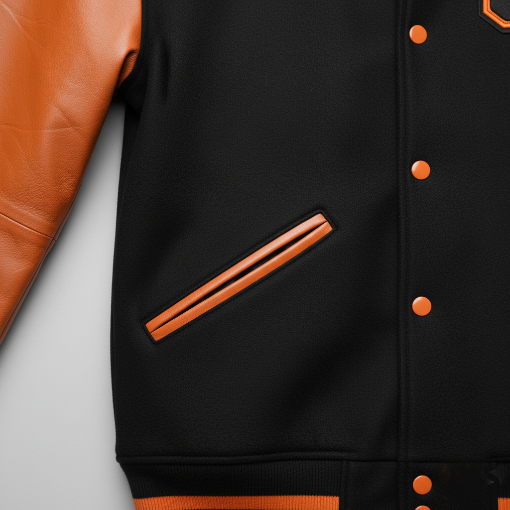 Black varsity jacket with orange buttons and trim on a light gray background
