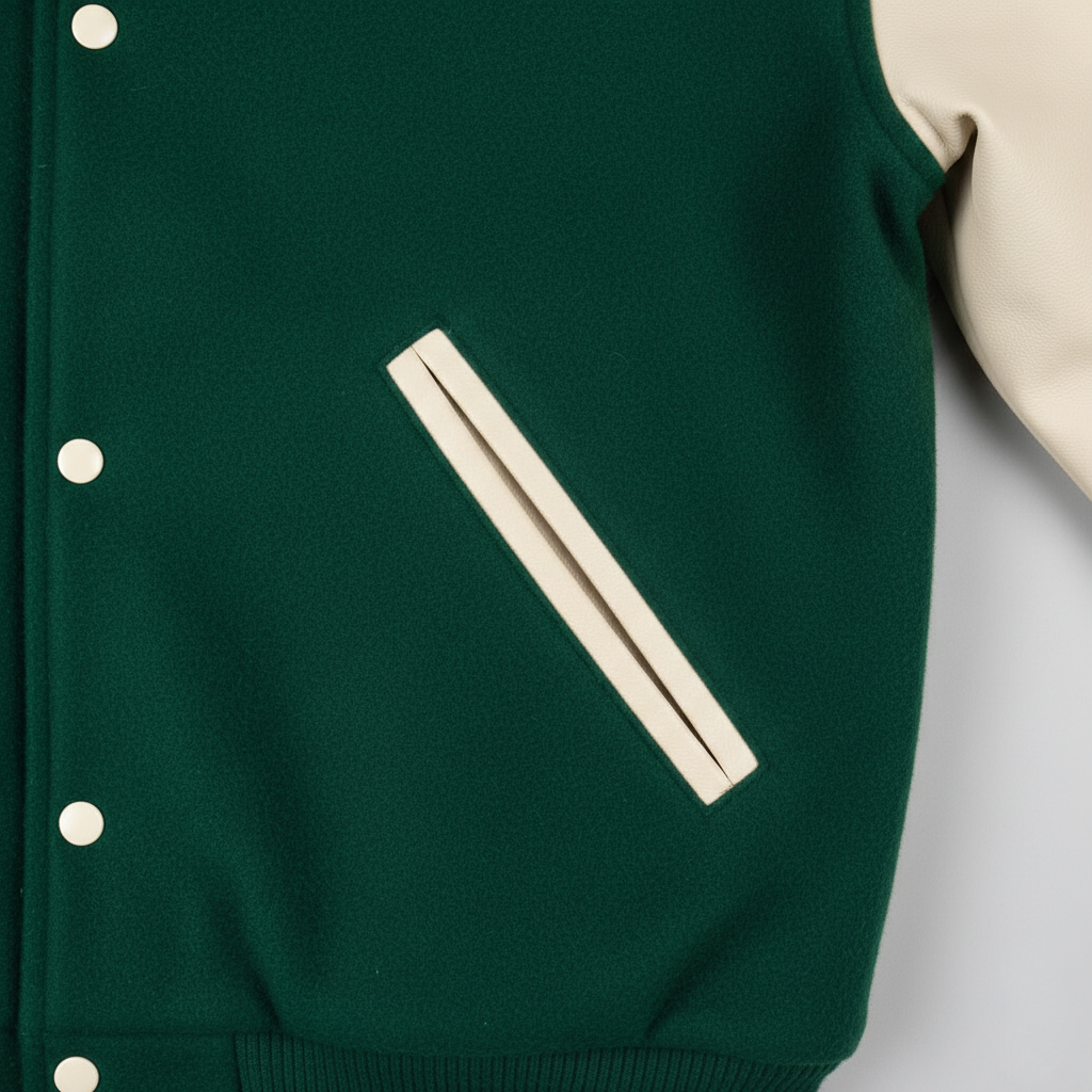 Green varsity jacket with beige pocket on a light gray background