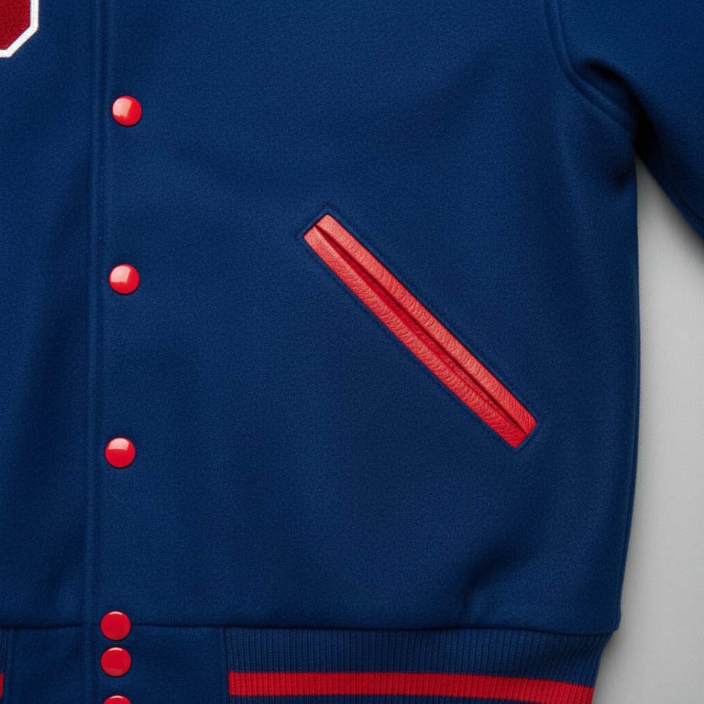 Blue letterman jacket with red accents on a light gray background