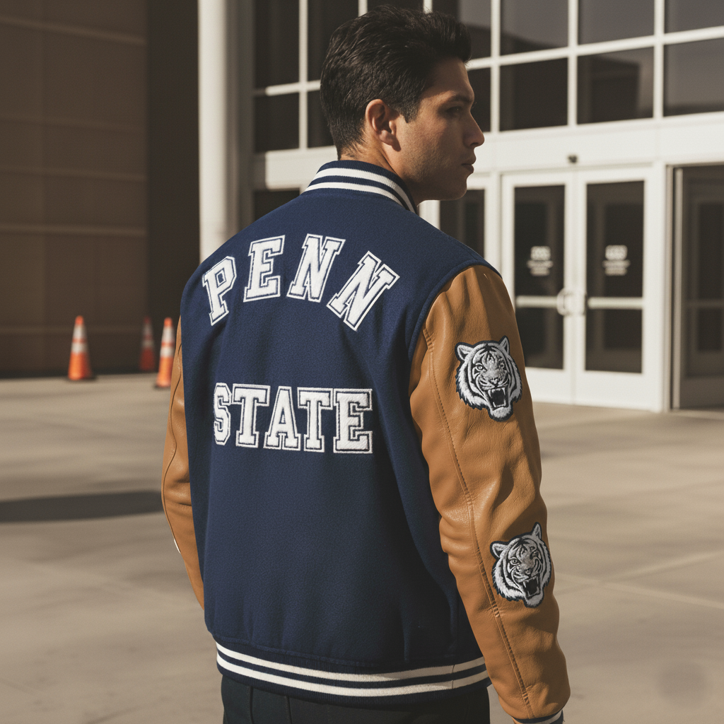 Man wearing a Penn State letterman jacket with tiger logo outdoors.
