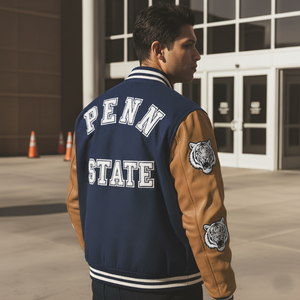 Man wearing a Penn State letterman jacket with tiger logo outdoors.