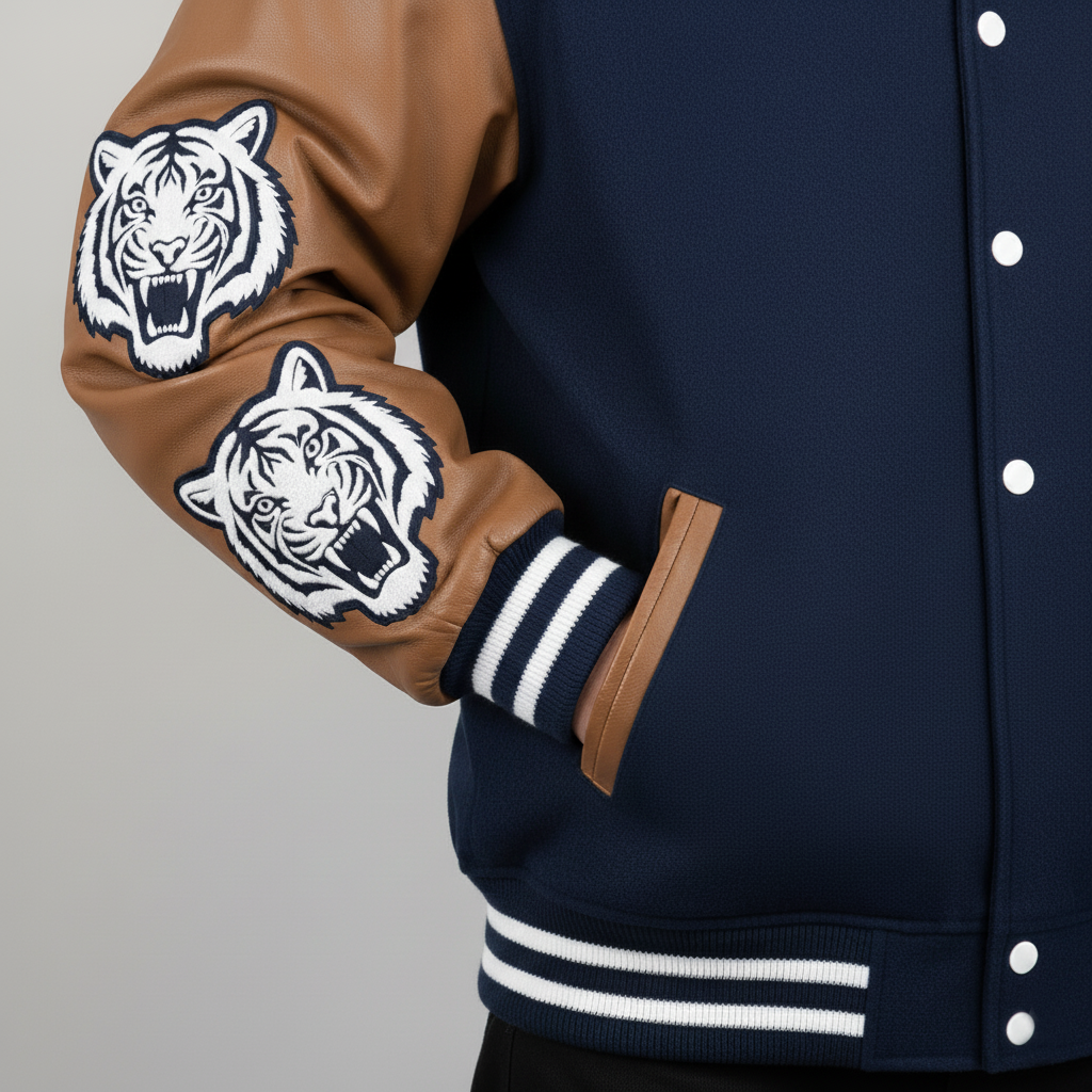 Navy varsity jacket with brown sleeves featuring tiger patches on a gray background