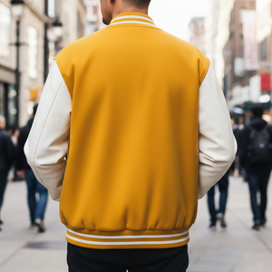 Personalized back view of letterman jacket yellow wool white A initial custom varsity athletic apparel
