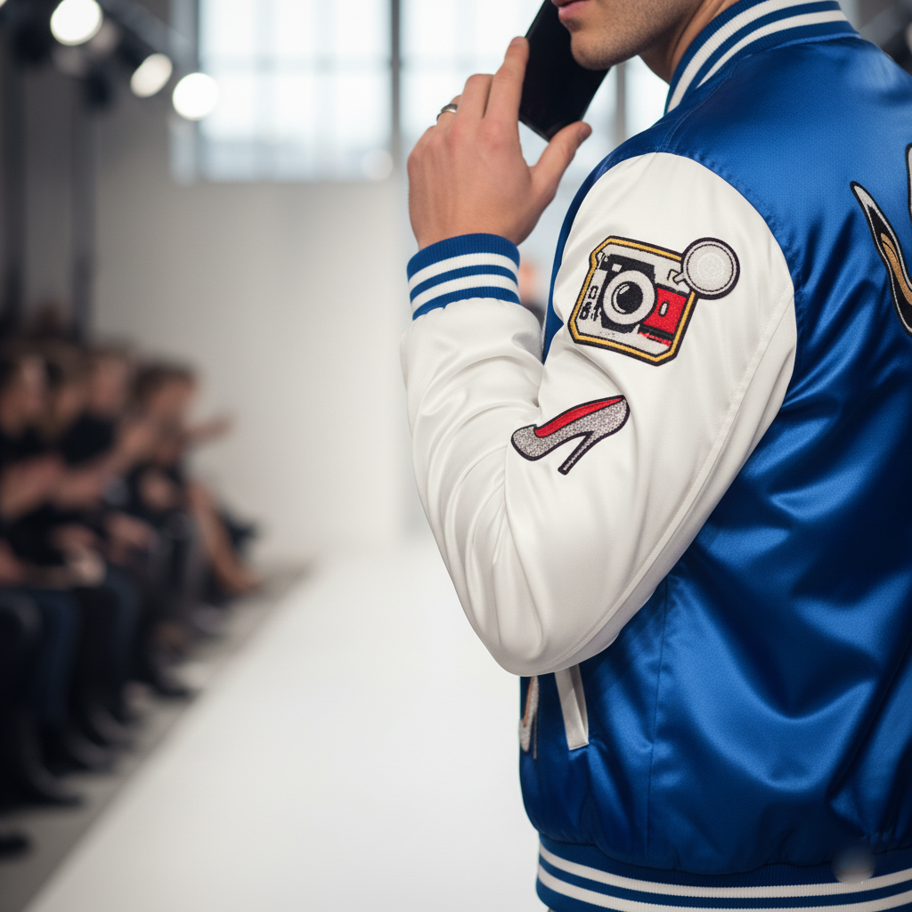 Person wearing a blue and white jacket with patches on a blurred fashion show background