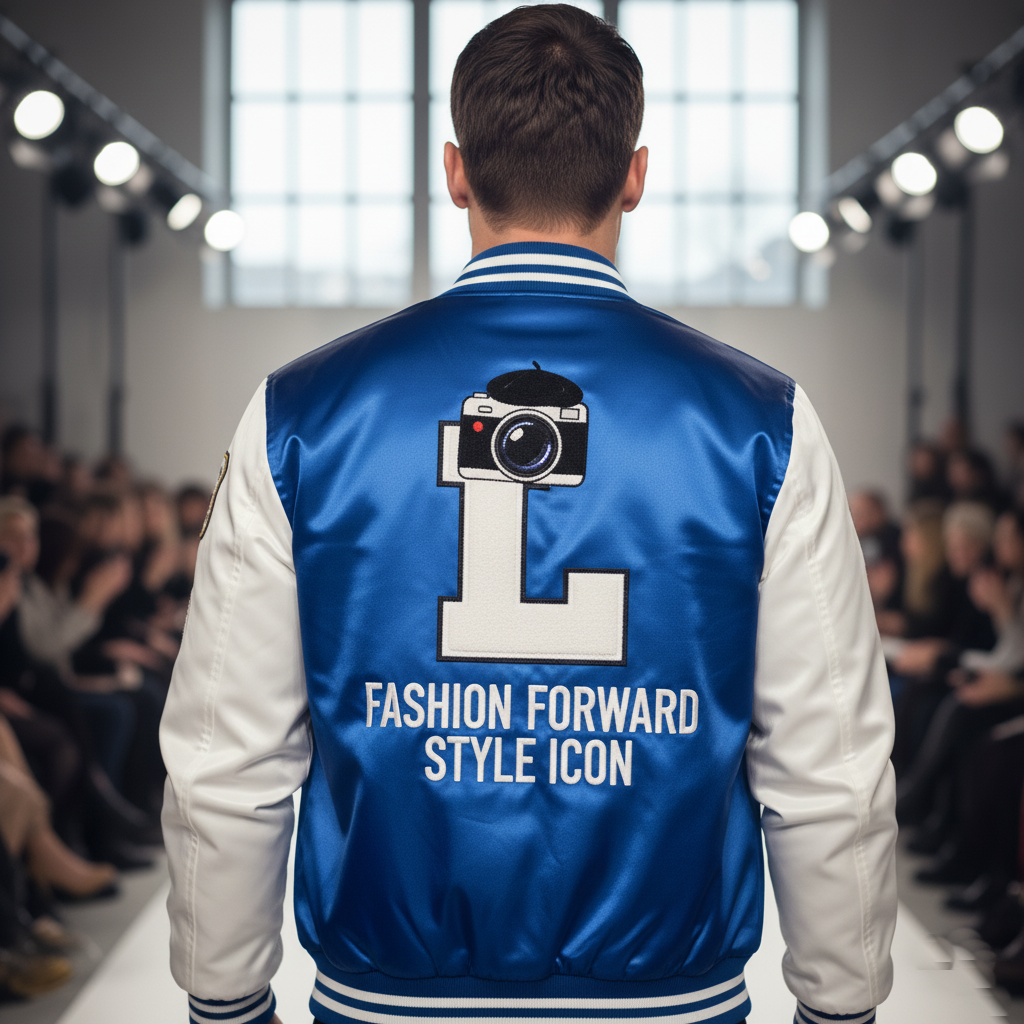 Person wearing a blue and white jacket with text and a camera graphic on the back, walking on a runway.