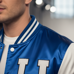 Person wearing a blue and white varsity jacket with a blurred background