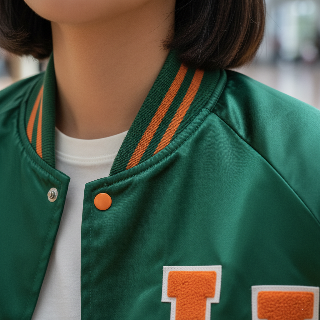 Green letterman jacket with orange accents and a large 'LJ' on a blurred background