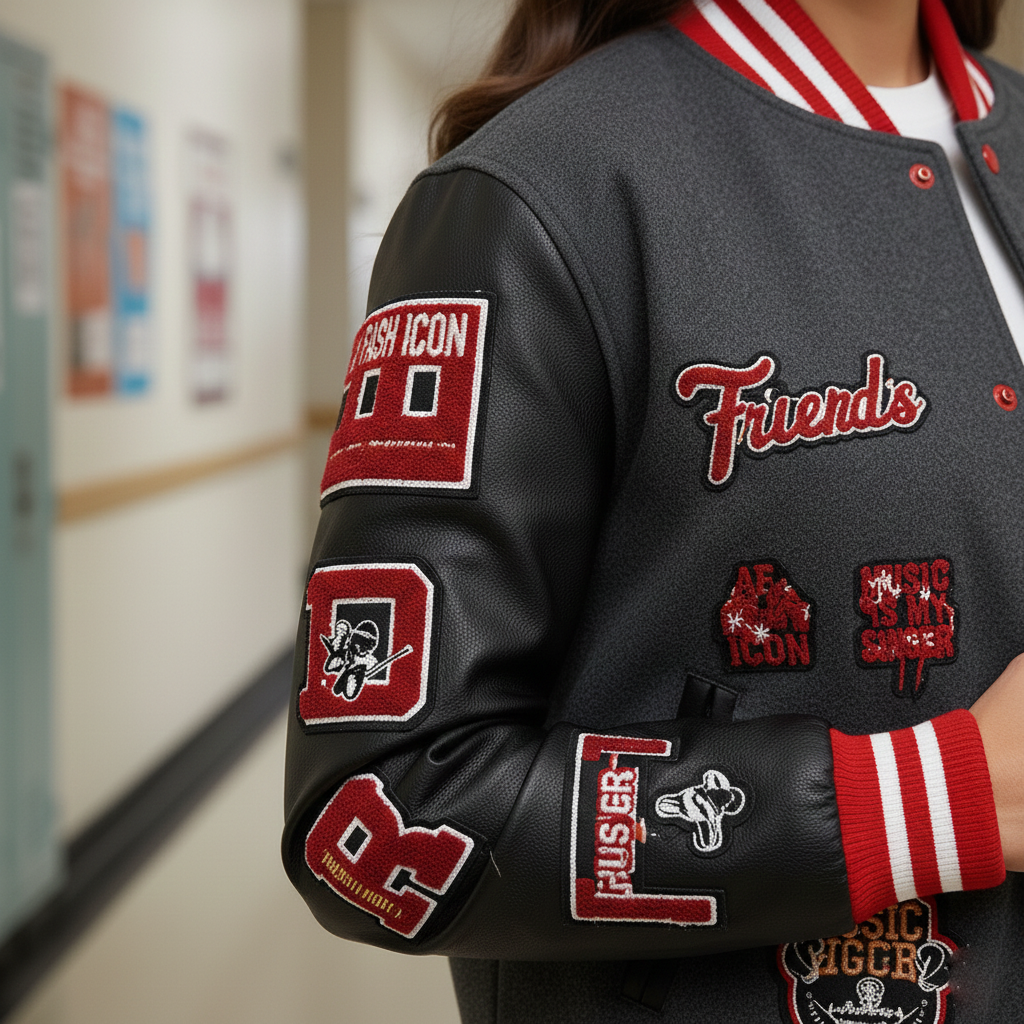 Person wearing a gray varsity jacket with various patches in a school hallway.